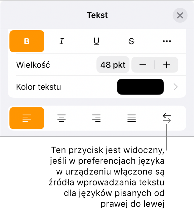 Narzędzia tekstu w menu Format z objaśnieniem wskazującym przycisk Od prawej do lewej.