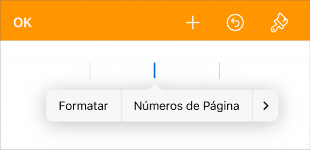 Janela “Configuração do Documento” com o ponto de inserção em um campo de cabeçalho e um menu local com dois itens de menu: “Números de Página” e Inserir.