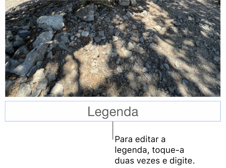 O marcador de posição de legenda, “Legenda”, aparece abaixo de uma foto. Um contorno azul ao redor do campo de legenda mostra que ele está selecionado.