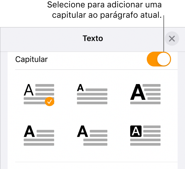 Controles Capitular localizados no menu Texto.