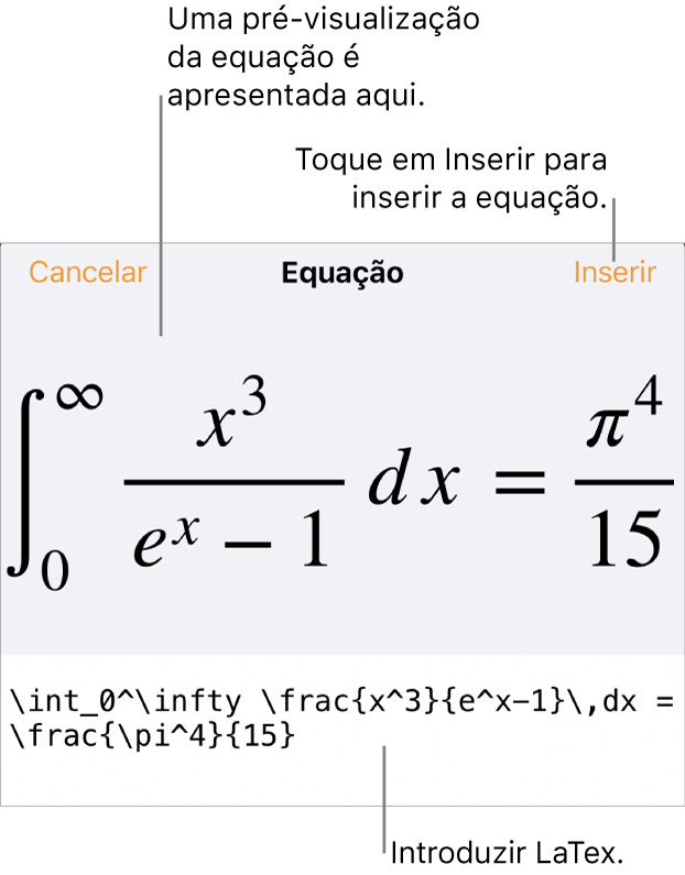 A caixa de diálogo “Equação”, apresentando uma equação escrita com recurso aos comandos LaTeX e uma pré-visualização da fórmula em cima.