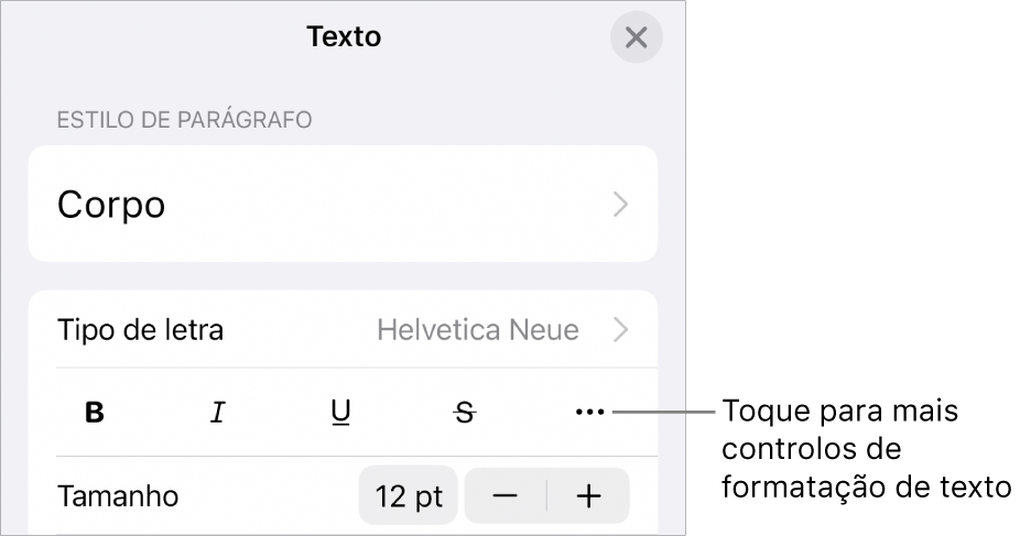 O separador “Texto” nos controlos de formatação com uma chamada para o botão "Mais opções de texto”.