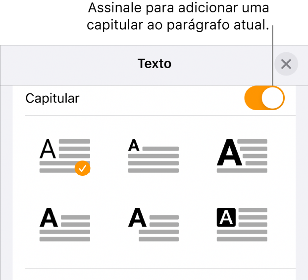 Os controlos de "Capitular” no menu “Texto”.
