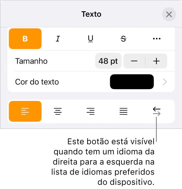 Controlos de texto no menu "Formatação” com uma chamada a apontar para o botão “Da direita para a esquerda”.
