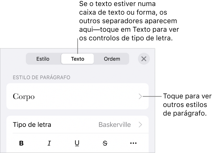 O menu "Formatação” a apresentar controlos de texto para definir estilos de parágrafo e carácter, tipo de letra, tamanho e cor.