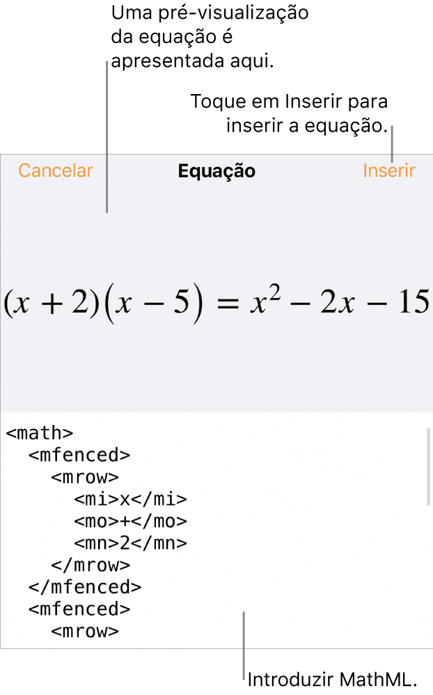 A caixa de diálogo “Equação”, apresentando uma equação escrita com recurso aos comandos MathML e uma pré-visualização da fórmula em cima.