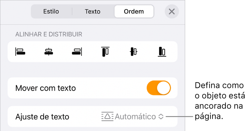 Os controlos "Ordem” com “Mover com texto” e “Ajuste de texto”.
