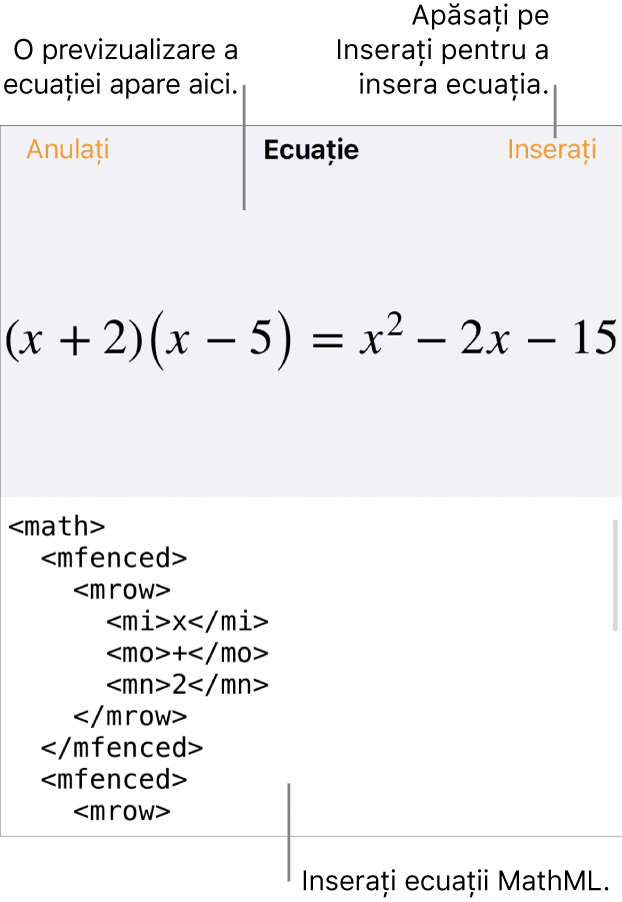 Caseta de dialog Ecuație, afișând o ecuație scrisă cu ajutorul comenzilor MathML și, deasupra, o previzualizare a formulei.