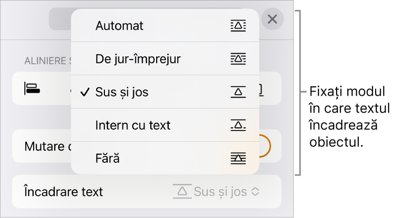 Comenzile Încadrare text cu configurări pentru Automat, De jur-împrejur, Sus și jos, Intern cu text și Nimic.