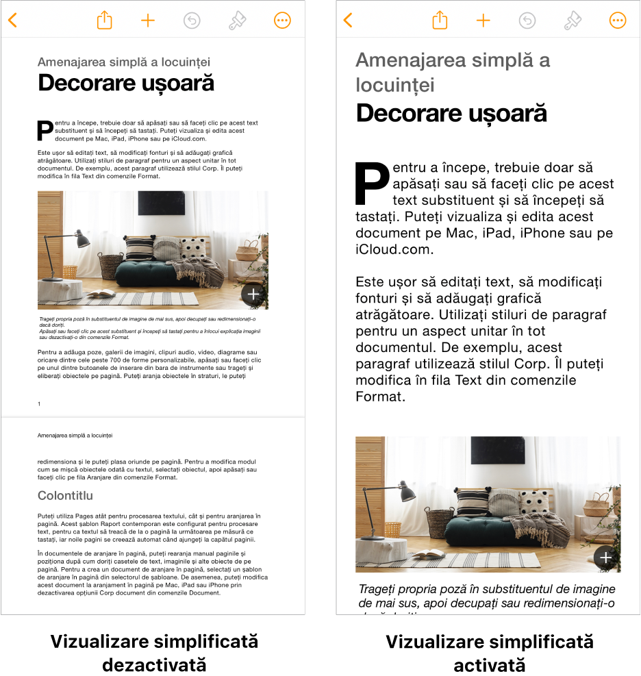 Două vizualizări ale aceluiași document Pages: una cu vizualizarea simplificată activată și cealaltă cu vizualizarea simplificată dezactivată.