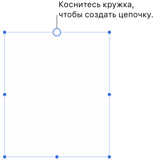 Пустой текстовый блок с белых кружком вверху и манипуляторами изменения размера на углах, сторонах и внизу.