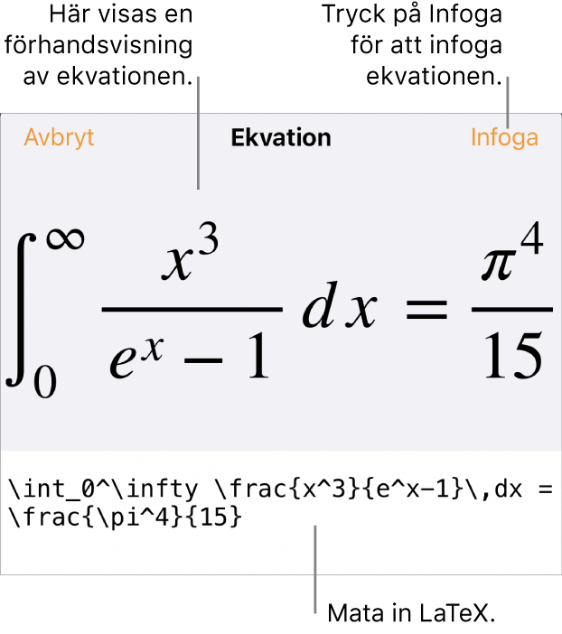 Dialogrutan Ekvation visar en ekvation som skrivits med LaTex-kommandon och en förhandsvisning av formeln ovanför den.