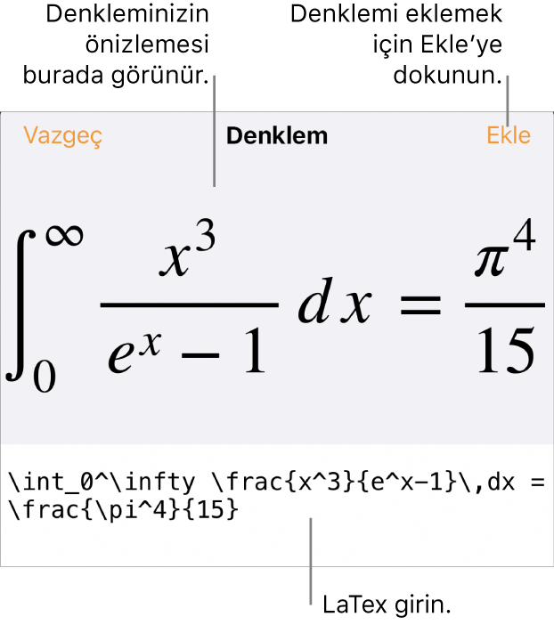 LaTeX komutları kullanılarak yazılmış bir denklemi ve onun üstünde formülün önizlemesini gösteren Denklem sorgu kutusu.
