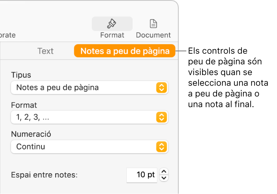 El tauler “Notes a peu de pàgina”, que mostra els menús desplegables Tipus, Format i Numeració i l’espai entre les notes.