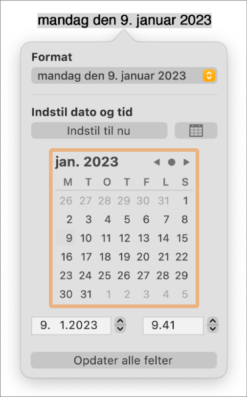 Betjeningsmuligheden Dato & tid viser en lokalmenu til Format og betjeningsmuligheden Indstil dato og tid.