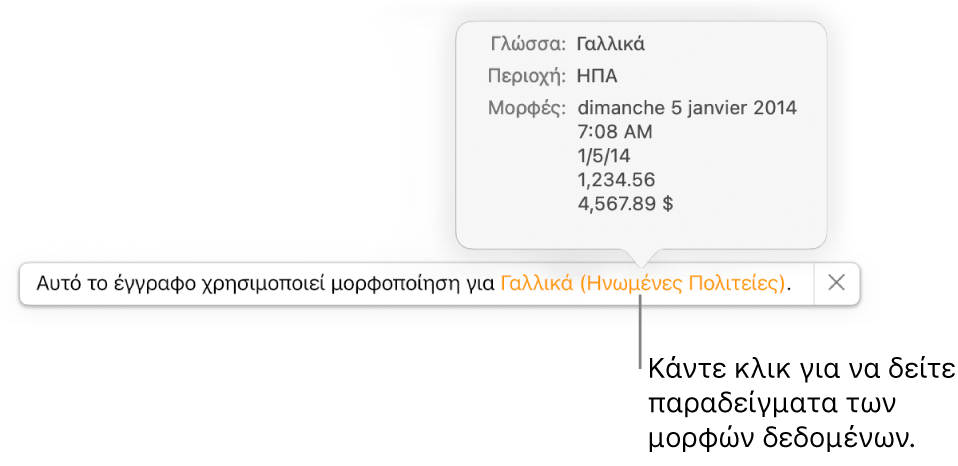 Η γνωστοποίηση διαφορετικής ρύθμισης γλώσσας και περιοχής, δείχνοντας παραδείγματα της μορφοποίησης στη συγκεκριμένη γλώσσα και περιοχή.