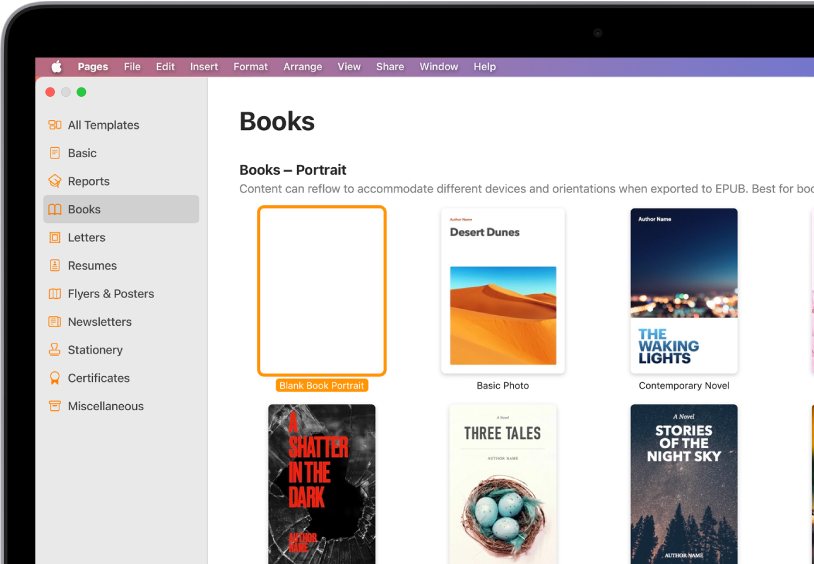 The template chooser with Books selected in the category list on the left and book templates in portrait orientation on the right.