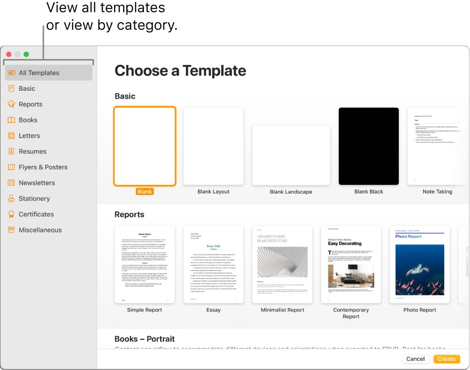 The template chooser. A sidebar on the left lists template categories you can click to filter options. On the right are thumbnails of pre-designed templates arranged in rows by category, starting with Basic at the top and followed by Reports and Books — Portrait. The Language and Region pop-up menu is in the bottom-left corner, and Cancel and Create buttons are in the bottom-right corner.