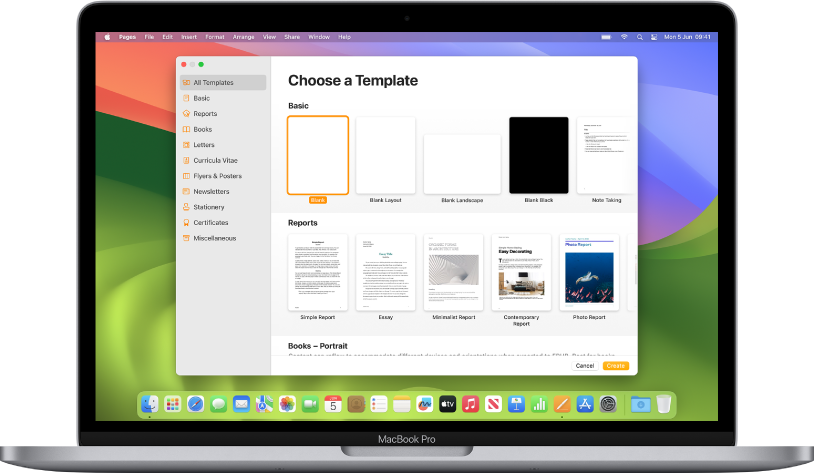 A MacBook Pro with the Pages template chooser open on the screen. The All Templates category is selected on the left and pre-designed templates appear on the right in rows by category.