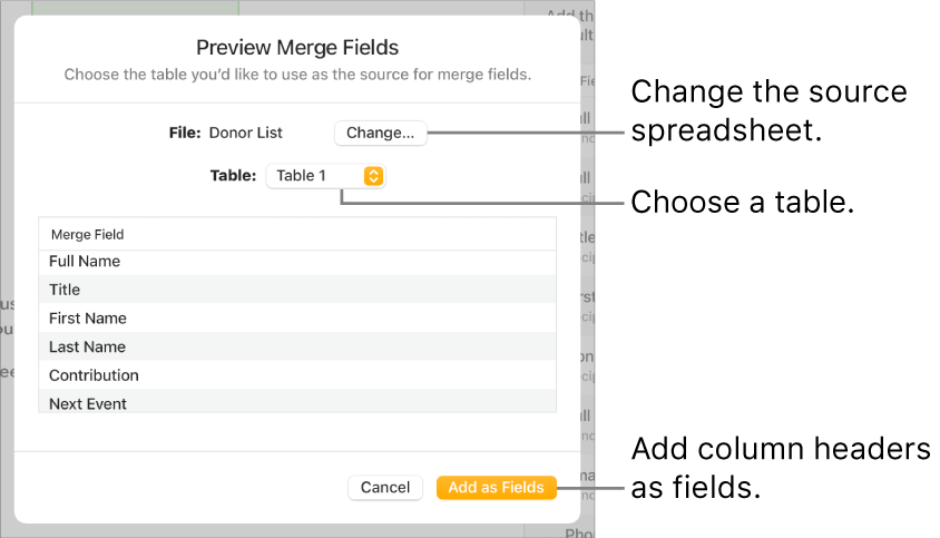 Preview Merge Fields pane open, with options to change the source file or table, preview the merge field names or add the column headers as fields.