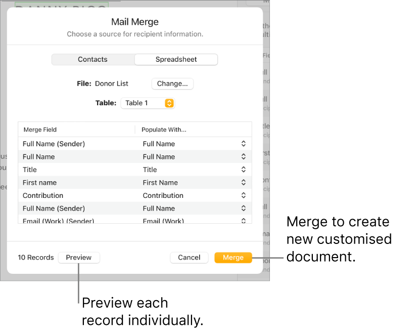 Mail Merge pane open, with options to change the source file or table, preview the merge field names or individual records or merge the document.