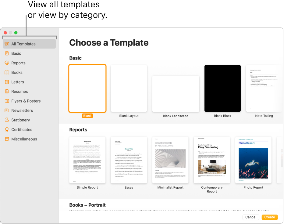 The template chooser. A sidebar on the left lists template categories you can click to filter options. On the right are thumbnails of predesigned templates arranged in rows by category, starting with Basic at the top and followed by Reports and Books—Portrait. The Language and Region pop-up menu is in the bottom-left corner and Cancel and Create buttons are in the bottom-right corner.