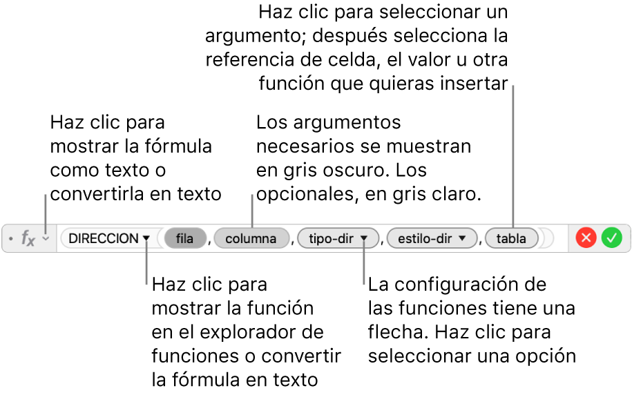 El editor de fórmulas con la función DIRECCIÓN y sus identificadores de argumentos.