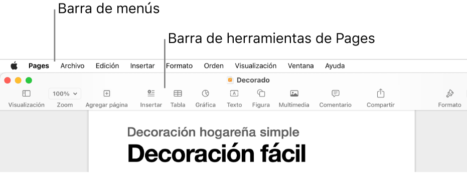 La barra de menús en la parte superior de la pantalla con los menús Apple, Pages, Archivo, Edición, Insertar, Formato, Ordenar, Visualización, Ventana y Ayuda. Debajo de la barra de menús se encuentra un documento de Pages abierto con botones de la barra de herramientas a lo largo de la parte superior, con las opciones Visualización, Zoom, Agregar página, Insertar, Tabla, Gráfica, Texto, Figura, Contenido multimedia, Compartir y Formato.