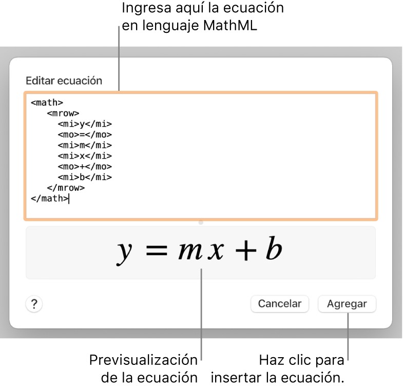 La ecuación de la pendiente de una recta en el campo Editar ecuación y la previsualización de la fórmula a continuación.