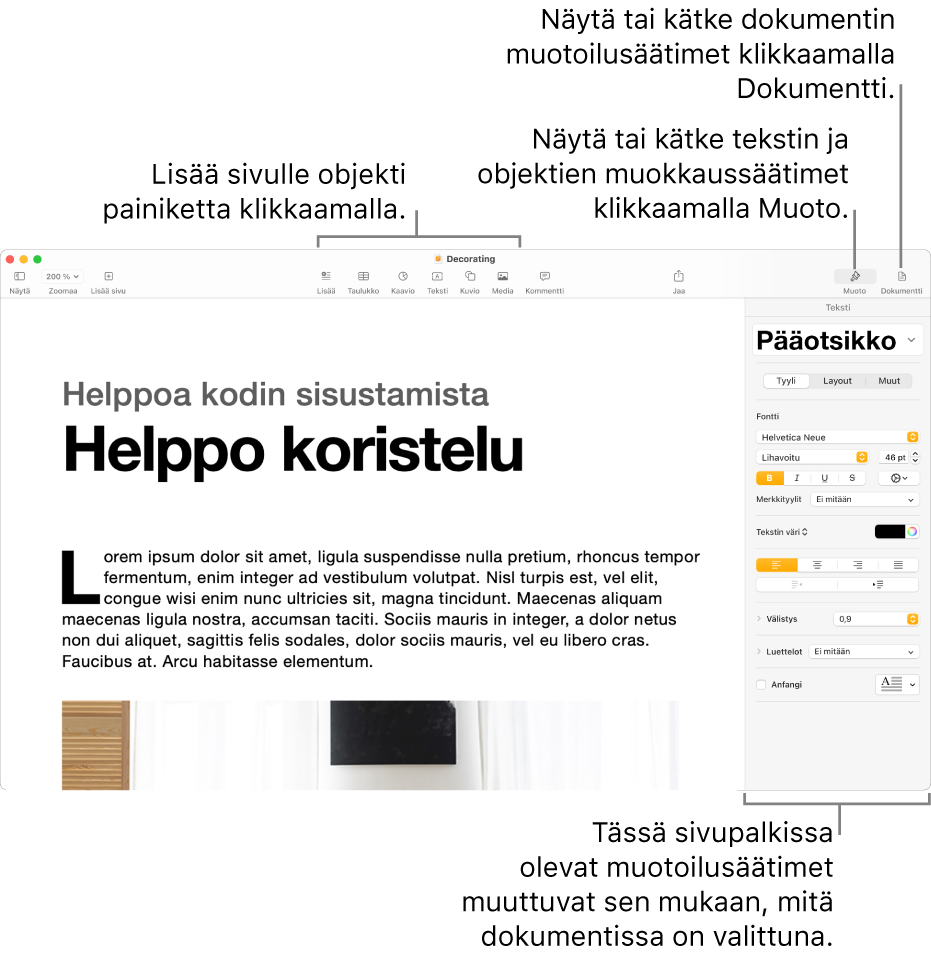 Pages-ikkuna, jonka työkalupalkissa on painikkeita objektien lisäämiseen ja sivupalkkien avaamiseen.