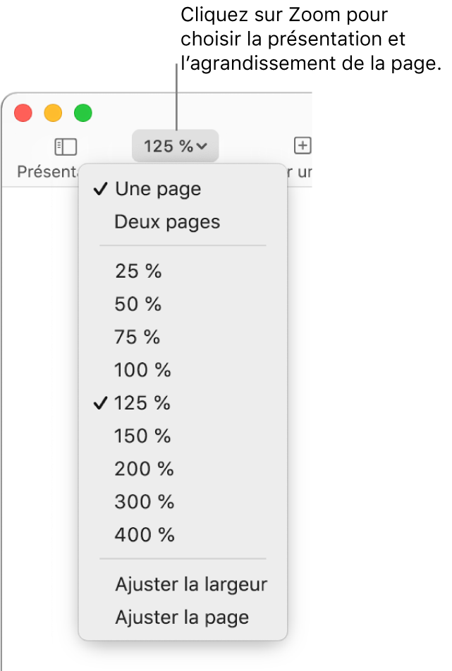 Menu contextuel Zoom avec options d’affichage Une page et Deux pages en haut, pourcentages allant de 25 % à 400 % en dessous et commandes Ajuster la largeur et Ajuster la page en bas.