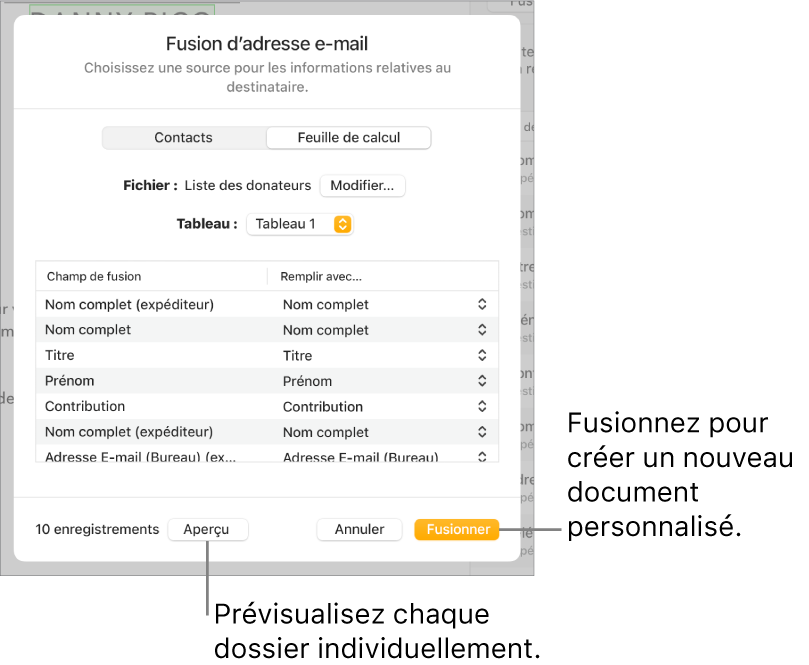 Sous-fenêtre Publipostage ouverte, avec des options pour modifier le fichier ou le tableau source, prévisualiser les noms des champs de fusion ou des enregistrements individuels, ou fusionner le document.