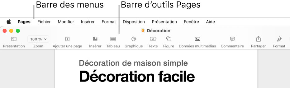 La barre des menus en haut de l’écran avec les menus Pomme, Pages, Fichier, Édition, Insertion, Format, Disposition, Présentation, Partager, Fenêtre et Aide. Sous la barre des menus, un document Pages ouvert avec une barre d’outils supérieure proposant les boutons Présentation, Zoom, Ajouter une page, Insérer, Tableau, Graphique, Texte, Figure, Données multimédias et Commentaire.