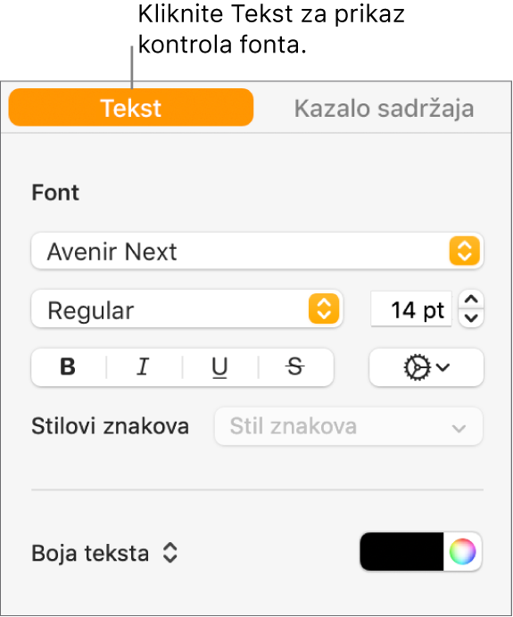 Rubni stupac Formatiraj s odabranom karticom Tekst i kontrolama fonta za promjenu fonta, veličine fonta i dodavanje stilova znaka-