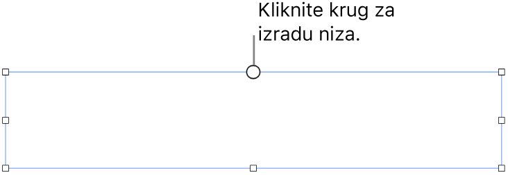 Prazni tekstualni okvir s bijelim krugom na vrhu i hvatišta za promjenu veličine na kutovima, stranama i dnu.