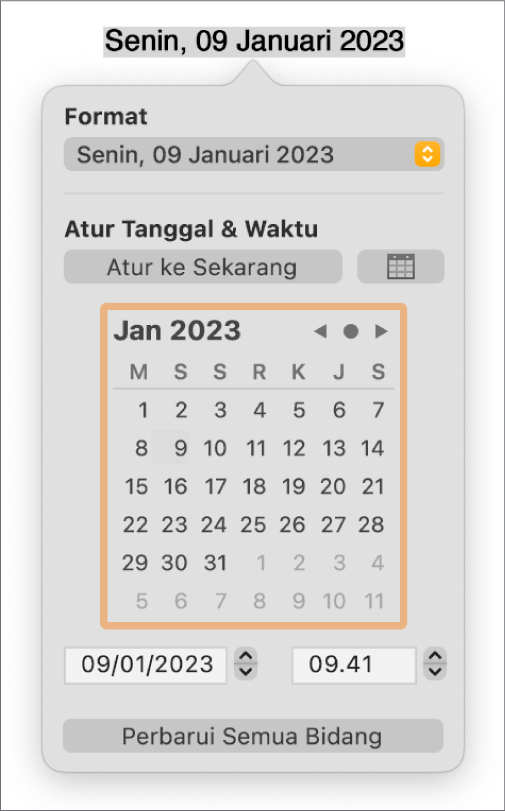 Kontrol Tanggal & Waktu menampilkan menu pop-up untuk Format, dan kontrol Atur Tanggal & Waktu.