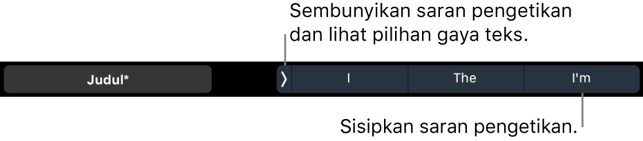 Touch Bar MacBook Pro dengan kontrol untuk memilih gaya teks, menyembunyikan saran pengetikan, dan menyisipkan saran pengetikan.