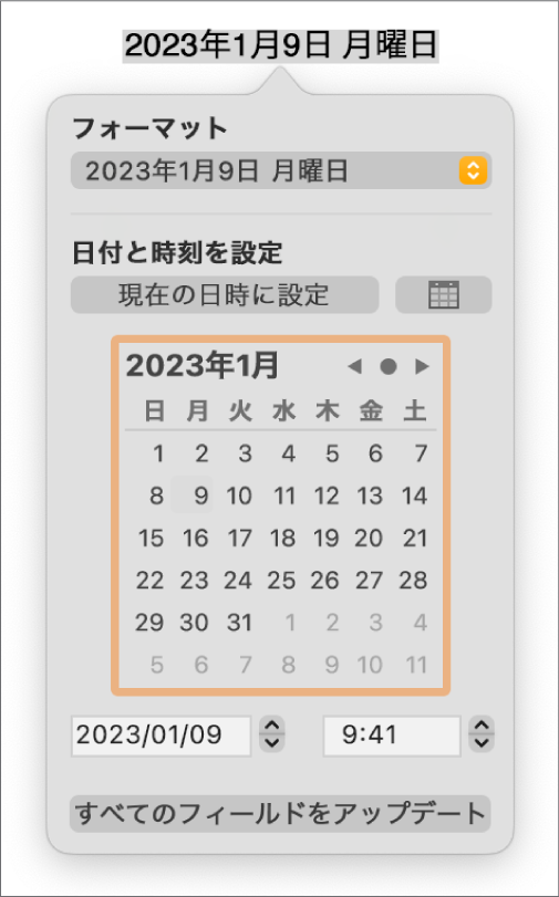 「日付と時刻」コントロール。「フォーマット」のポップアップメニューと「日付と時刻を設定」コントロールが表示された状態。