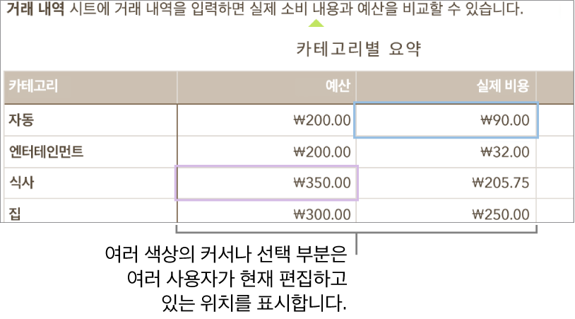 다른 색상으로 된 커서 및 선택 영역은 다른 사람이 편집하고 있는 위치를 표시함.