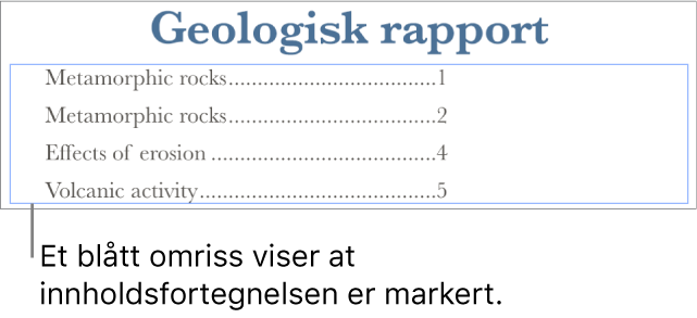 En innholdsfortegnelse som er satt inn i et dokument. Oppføringer viser overskrifter sammen med deres sidetall.