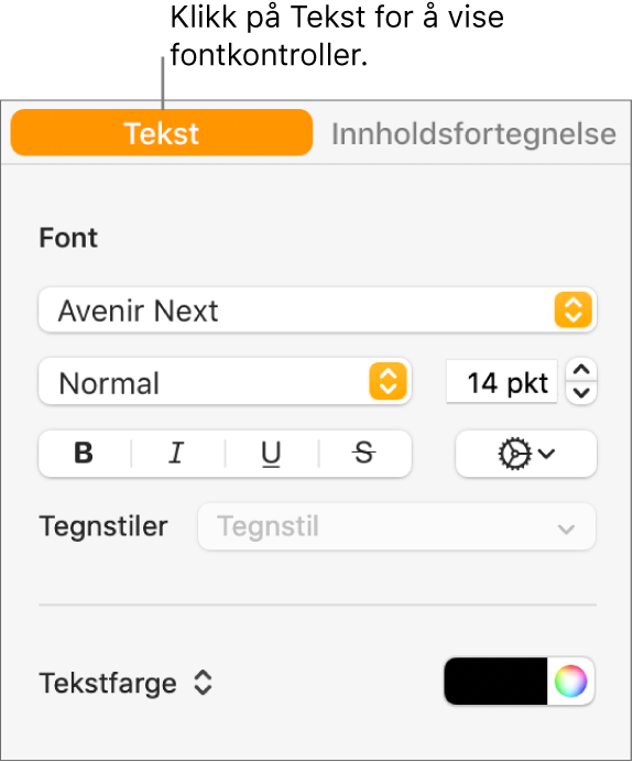Format-sidepanelet med Tekst-fanen valgt og fontkontroller for å endre font, fontstørrelse og legge til tegnstiler.