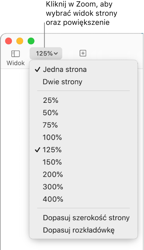 Menu podręczne Zoom, zawierające u góry opcje pozwalające na wyświetlanie jednej strony oraz dwóch stron, niżej wartości procentowe od dwudziestu pięciu procent do czterystu procent, a na dole polecenia Dopasuj szerokość oraz Dopasuj do strony.