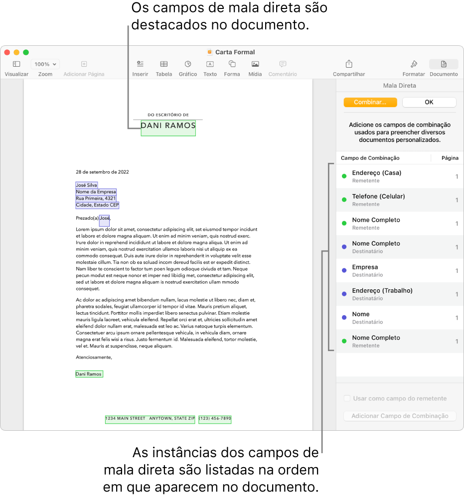 Documento do Pages com campos de destinatário e remetente de mala direta e a lista de instâncias de campos de mala direta visível na barra lateral Documento.