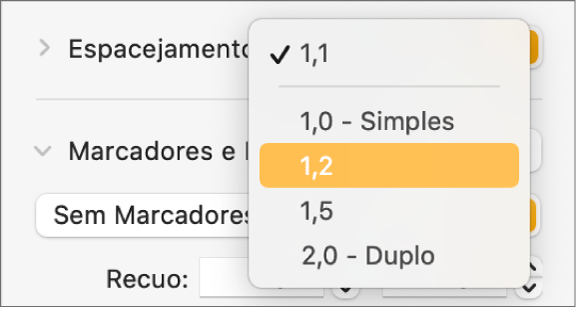 Menu local Espacejamento com as opções Simples, Duplo e outras.