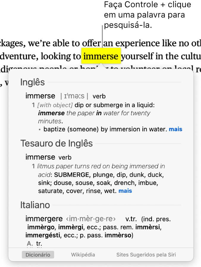 Parágrafo com uma palavra destacada e janela mostrando sua definição e uma entrada de tesauro. Botões na parte inferior da janela fornecem links para o dicionário, a Wikipédia e os sites sugeridos pela Siri.