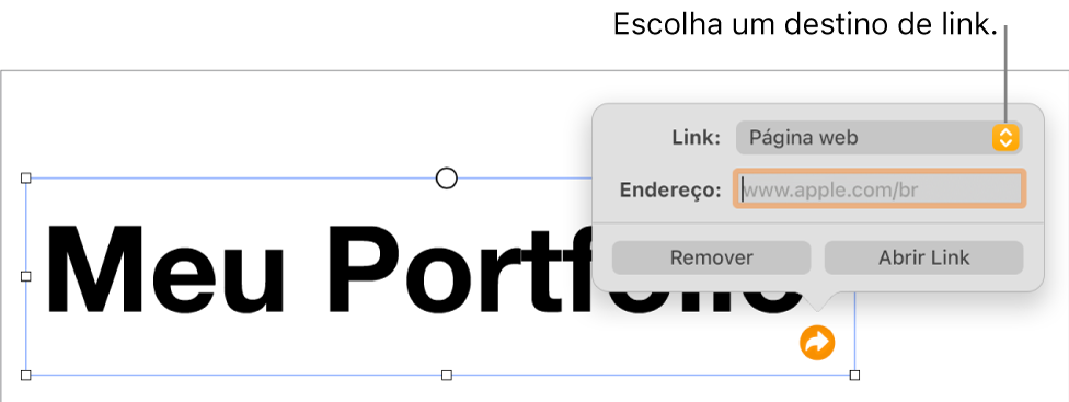 Controles do editor de links com “Página Web” selecionado e os botões Remover e “Abrir Link” na parte inferior.