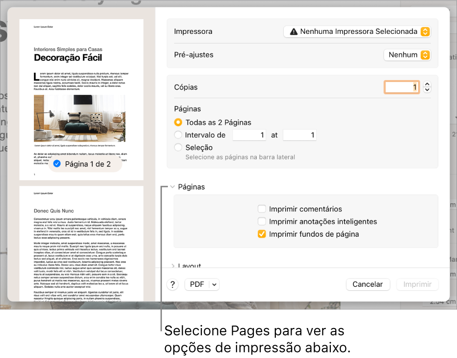 Diálogo de impressão com controles para impressora, pré-ajustes, cópias e intervalo de páginas. A opção Pages está selecionada no menu local, abaixo dos ajustes do intervalo de páginas, seguida por caixas de seleção para imprimir comentários, imprimir anotações inteligentes e imprimir fundos de página.