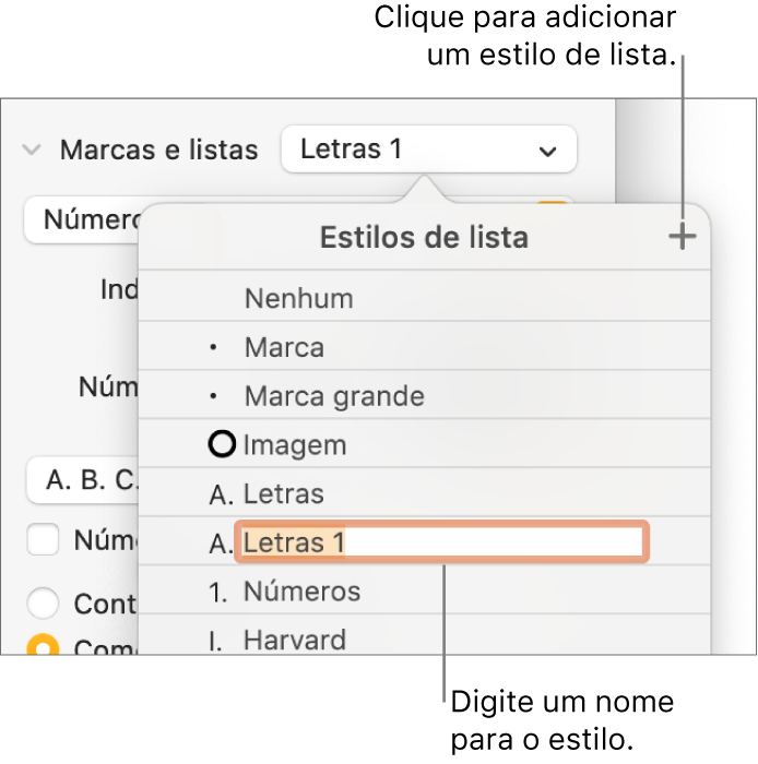 O menu pop-up “Estilos de lista” com um botão “Adicionar” no canto superior direito e um nome de estilo do marcador de posição com o respetivo texto selecionado.