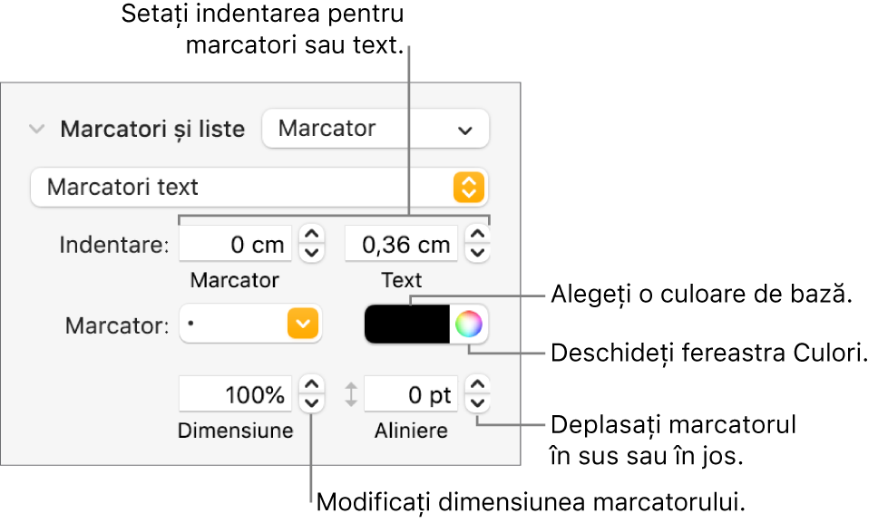 Secțiunea Marcatori/liste cu explicații pentru comenzile de indentare cu marcator și text, culoarea marcatorului, dimensiunea marcatorului și aliniere.