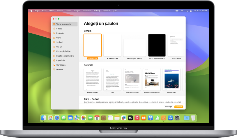 Un MacBook Pro cu selectorul de șabloane Pages deschis pe ecran. Este selectată categoria Toate șabloanele în partea stângă și șabloanele predefinite apar în dreapta pe rânduri în funcție de categorie.